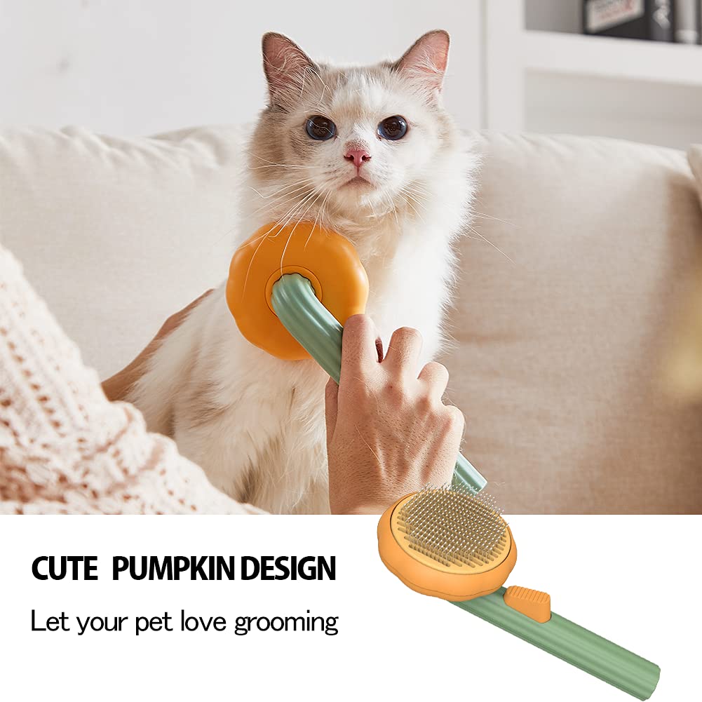 Pumpkin-shaped slicker brush next to a cat