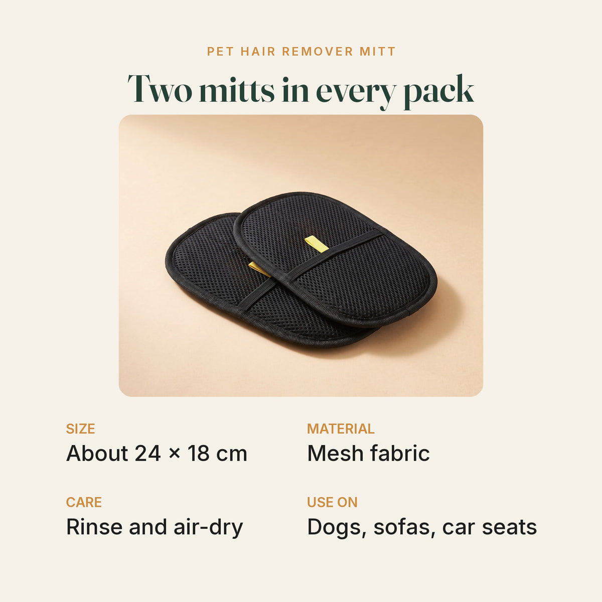 Two mitts in every pack: about 24 × 18 cm, mesh fabric, rinse and air-dry
