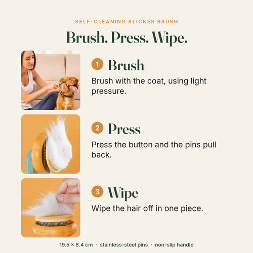 How it works: brush, press the button so the pins pull back, then wipe the hair off