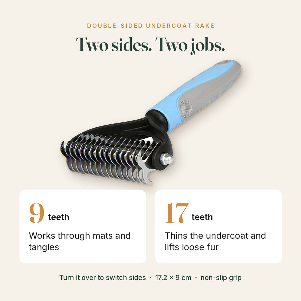 Two sides, two jobs: 9 teeth for mats and tangles, 17 teeth for thinning the undercoat
