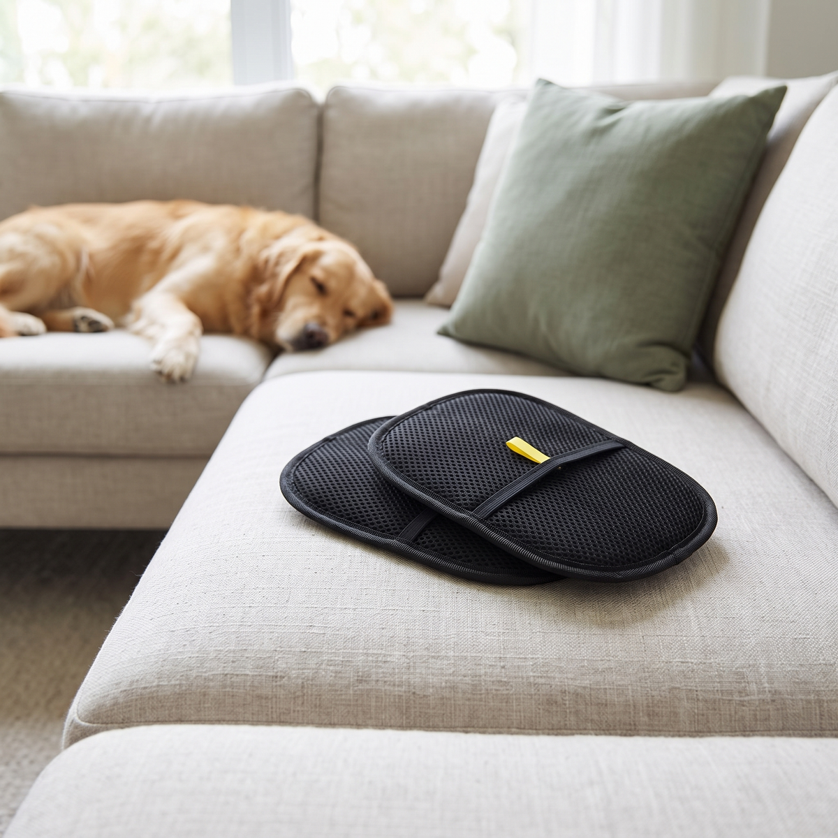 Two mitts on a linen sofa, with a golden dog napping at the other end