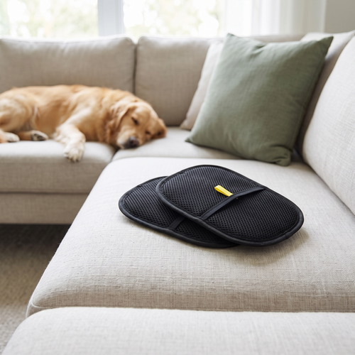 Two mitts on a linen sofa, with a golden dog napping at the other end
