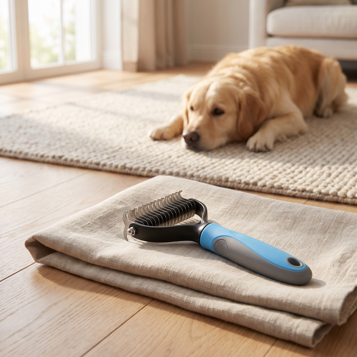 Blue undercoat rake on a linen throw, with a golden retriever resting on a rug behind it