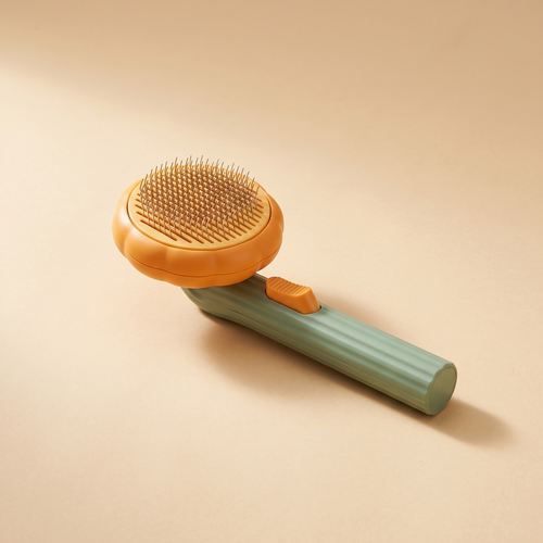 Self-cleaning slicker brush with an orange pumpkin-shaped head and a sage-green handle